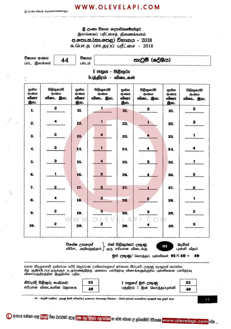 2018 O/L DANCING-ORIENTAL MCQ ANSWER SHEET DANCING-ORIENTAL MARKING SCHEME