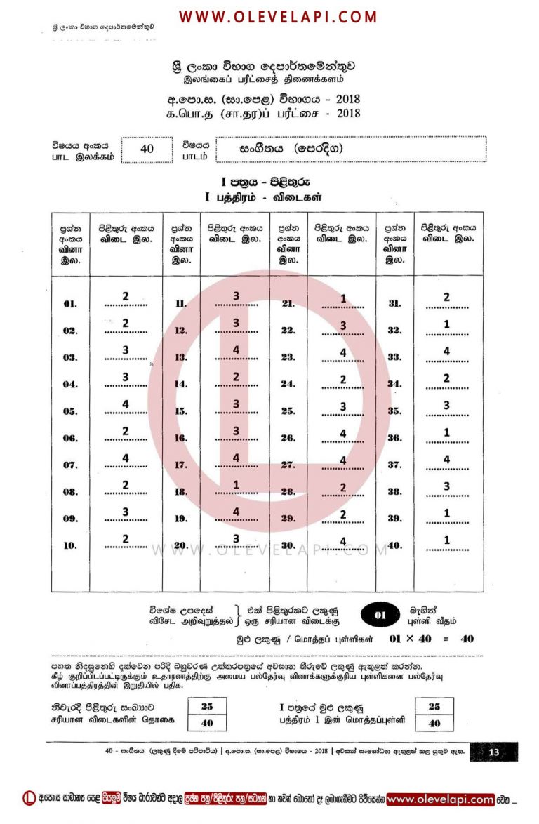 2018 O/L MUSIC-ORIENTAL MCQ ANSWER SHEET MUSIC-ORIENTAL MARKING SCHEME
