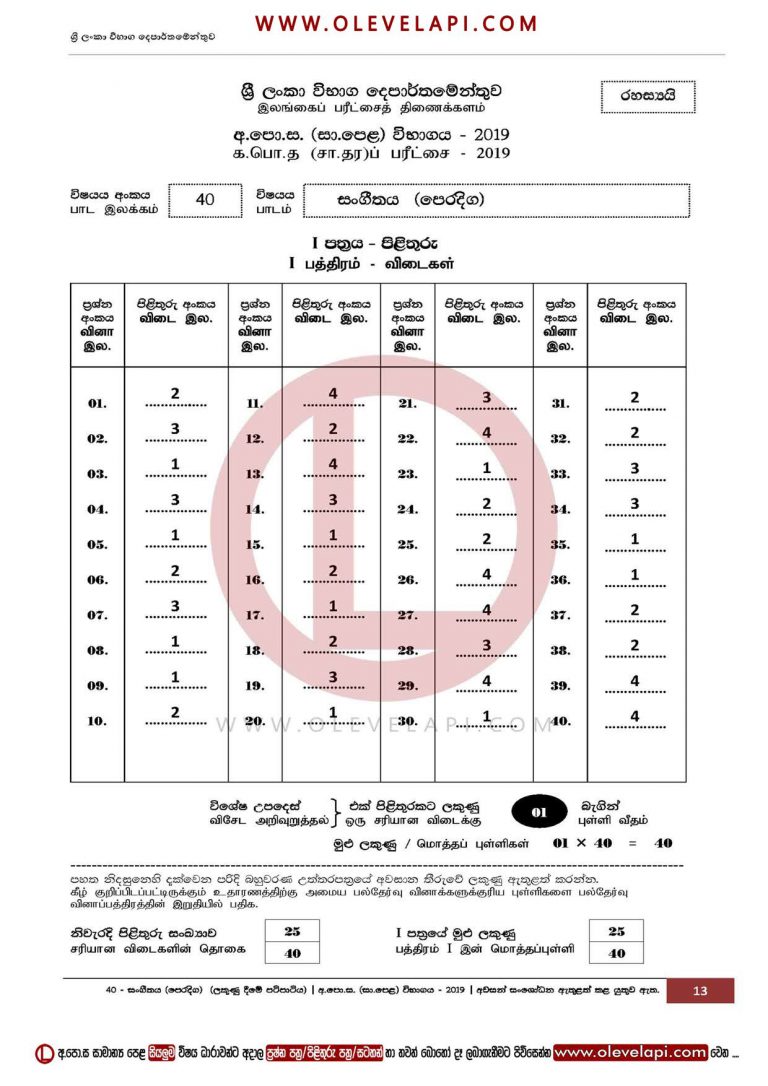 2019 O/L MUSIC-ORIENTAL MCQ ANSWER SHEET MUSIC-ORIENTAL MARKING SCHEME