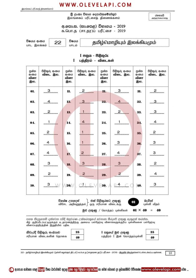 2019 O/L TAMIL MCQ ANSWER SHEET TAMIL MARKING SCHEME