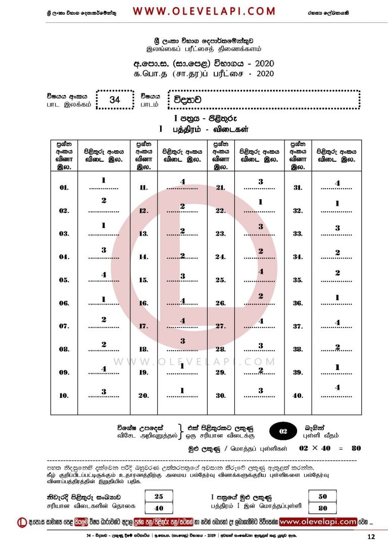 2020 O/L SCIENCE MCQ ANSWER SHEET SCIENCE MARKING SCHEME