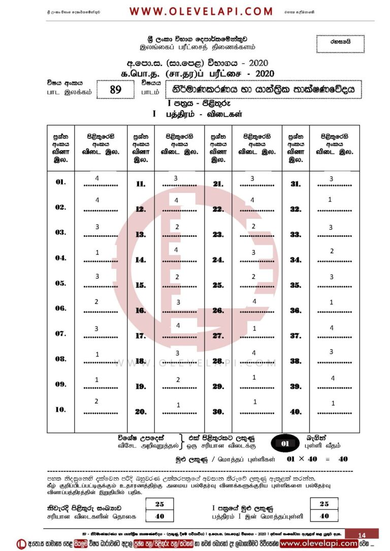 2020 O/L DESIGN-AND-MECHANICAL-TECHNOLOGYMCQ ANSWER SHEET DESIGN-AND-MECHANICAL-TECHNOLOGYMARKING SCHEME